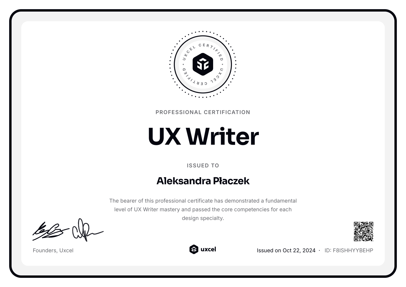 Aleksandra Płaczek's certificate